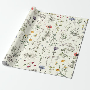 Elegant Botanical Vintage Wildflowers White Wrapping Paper