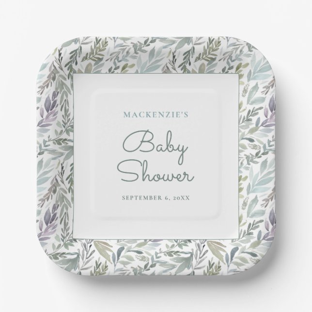 Elegant Botanical Watercolor Baby Shower Paper Plate (Front)