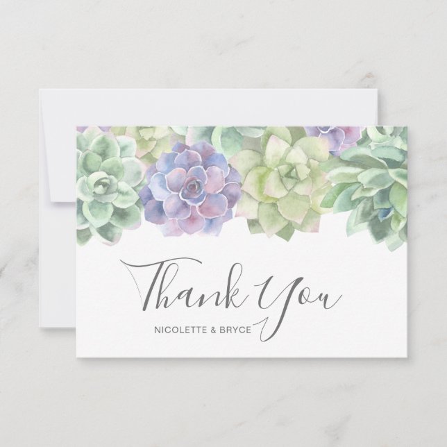 Elegant Botanical Watercolor Succulents Wedding Thank You Card (Front)