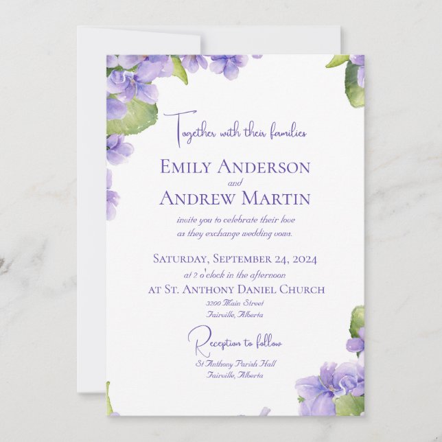 Elegant Botanical Watercolor Violets Wedding  Invitation (Front)