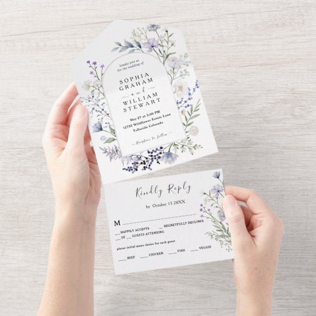 Elegant Botanical Watercolor Wildflower Wedding All In One Invitation (Tearaway)