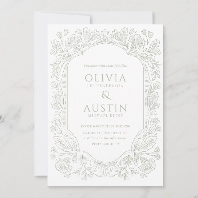 Elegant Botanical Wedding | Heirloom Sage Invite (Front)