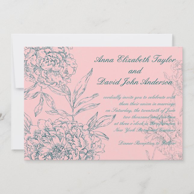 Elegant Botanical Wedding Invitation Coral Jade (Front)
