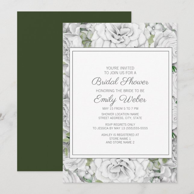 Elegant Botanical White Floral Green Bridal Shower Invitation (Front/Back)