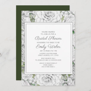Elegant Botanical White Floral Green Bridal Shower Invitation