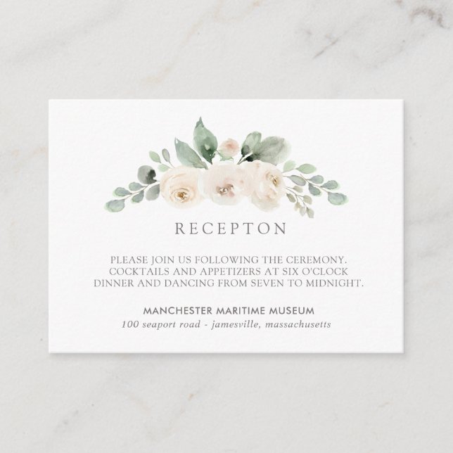 Elegant Botanical White Floral Wedding Reception Enclosure Card (Front)