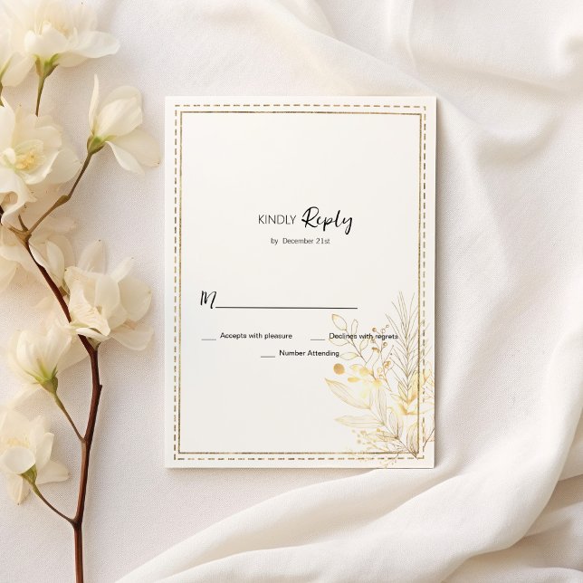 Elegant botanical white gold floral RSVP  Invitation (Elegant botanical white gold floral RSVP)