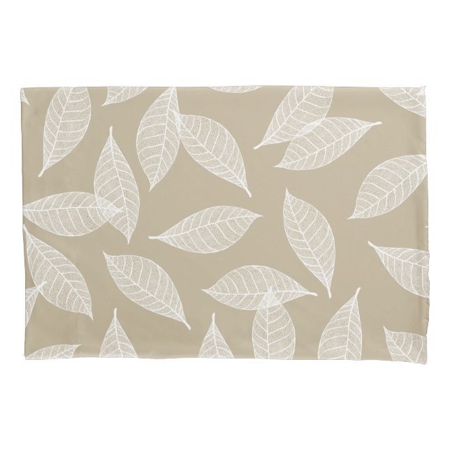 Elegant Botanical White Leaf Skeletons & Taupe Pillowcase (Front)