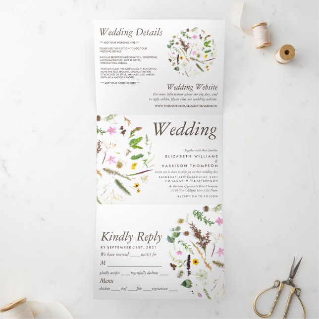 Elegant Botanical Wild Flower Wedding Suite Tri-Fold Invitation (Inside)