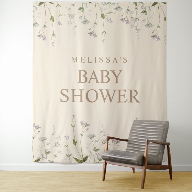 Elegant Botanical Wildflower Baby Shower Backdrop Tapestry (In Situ)