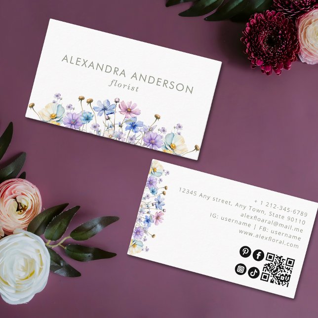 Elegant Botanical Wildflowers QR Code Business Card (Elegant Botanical Wildflowers QR Code Business Card)