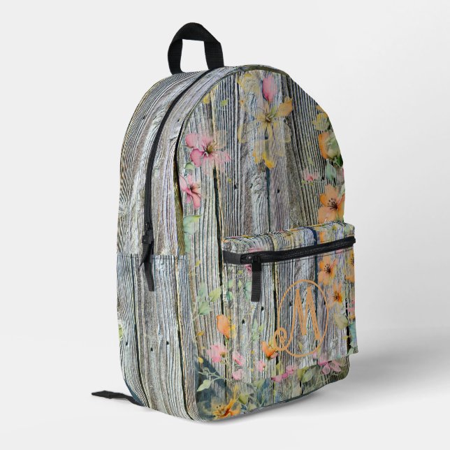  Elegant botanical wildflowers rustic wood grain Printed Backpack (Back Corner Left)