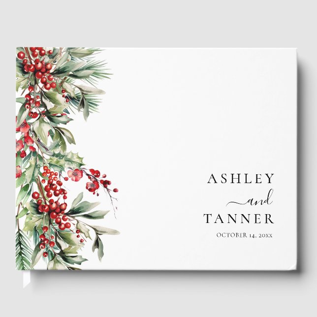 Elegant Botanical Winter Christmas Wedding Guest Book (Front)