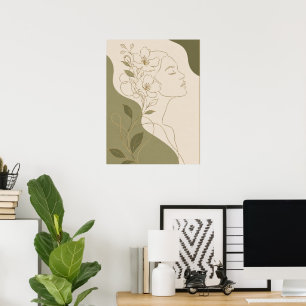 Elegant Botanical Woman Face Line Art and Olive  Poster