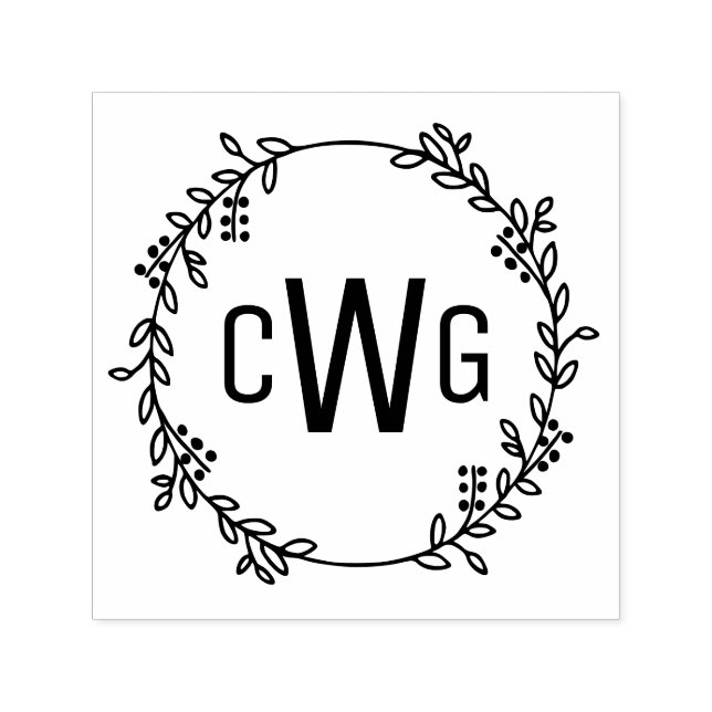 Elegant Botanical Wreath 3 Initial Monogram #1 Self-inking Stamp (Design)