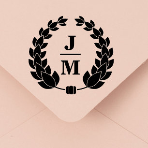 elegant botanical wreath monogram wedding rubber stamp