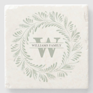 Elegant Botanical Wreath Monogrammed Stone Coaster