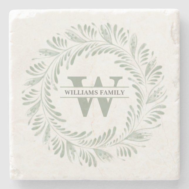 Elegant Botanical Wreath Monogrammed Stone Coaster (Front)