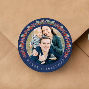 Elegant Botanical Wreath Photo Christmas Classic Round Sticker