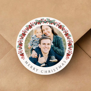 Elegant Botanical Wreath Photo Christmas Classic Round Sticker