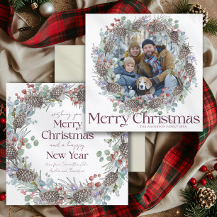 Elegant Botanical Wreath & Photo Christmas Holiday Card