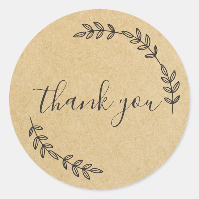 Elegant Botanical Wreath Thank You Kraft Classic Round Sticker (Front)