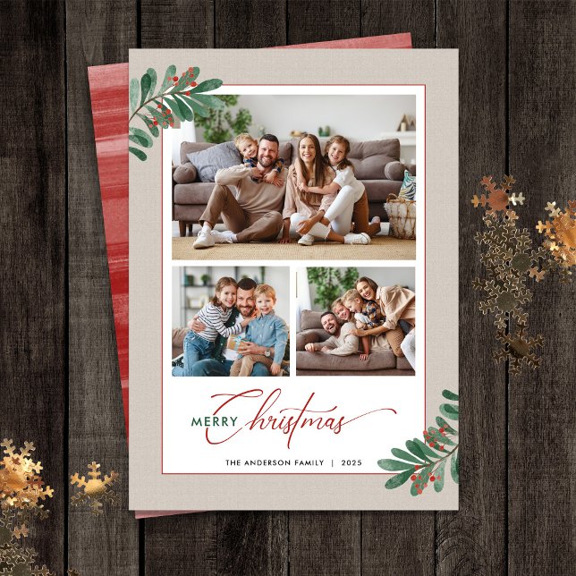 Elegant Botanicals Christmas Typography 3 Pictures Holiday Card (Creator Uploaded)