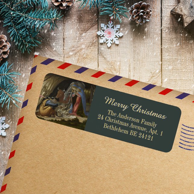 Elegant Botticelli Christian Christmas Address (Elegant Green Grey Gold Botticelli Religious Christian Catholic Christmas Return Address Label)