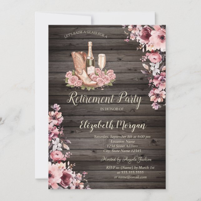 Elegant Bottle,Glass,Boots Floral Retirement  Invitation (Front)