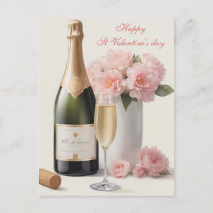 Elegant Bottle Wine Pink Roses Valentine Holiday Postcard