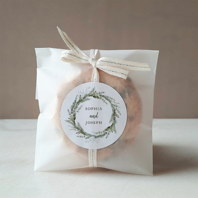 Elegant Bouquet | Christmas Holiday Wedding Classic Round Sticker (A simple, classic holiday sticker for your wedding, with an elegant green Christmas pine wreath)
