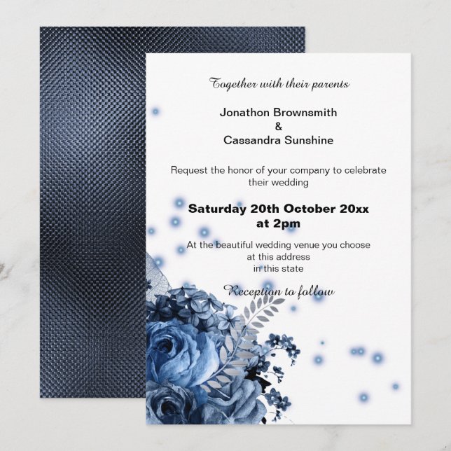 ELEGANT BOUQUET FLORAL BLUE EMBOSSED WEDDING INVITATION (Front/Back)