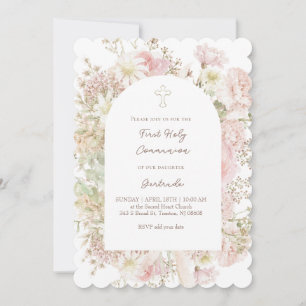 elegant bouquet girl First Communion Invitation