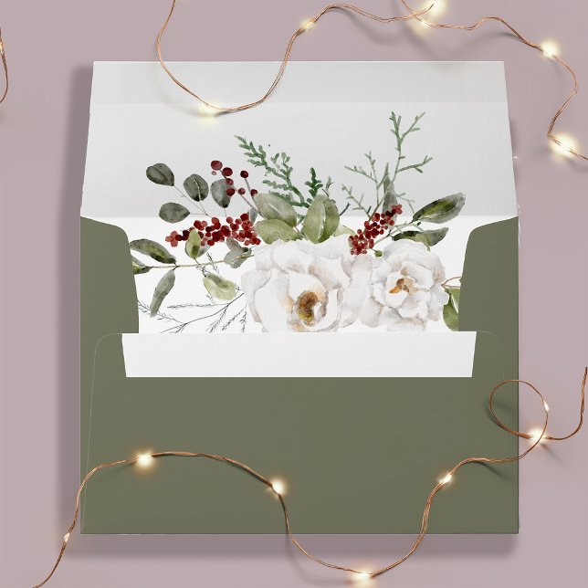 Elegant Bouquet | Green Christmas Holiday Wedding Envelope (A muted green Christmas envelope with watercolor holiday flowers)
