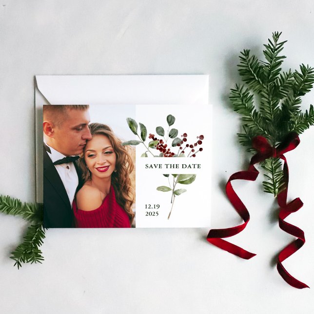 Elegant Bouquet | Holiday Save the Date with Photo Postcard (A simple and minimalist Christmas holiday wedding save the date with your photo)