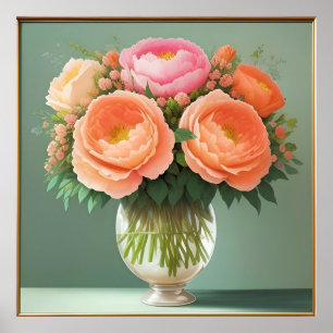 Elegant Bouquet of Peonies in Glass Vase Poster