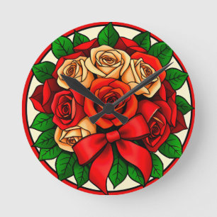 Elegant Bouquet of Red and White Roses Round Clock