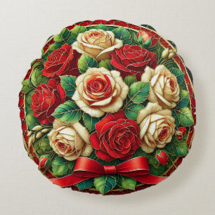 Elegant Bouquet of Red and White Roses Round Cushion