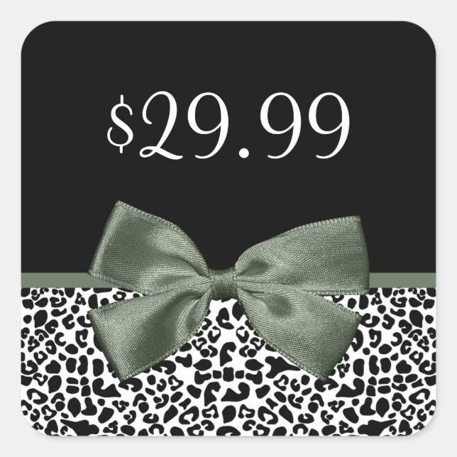 Elegant Boutique Leopard Print Mossy Green Bow Square Sticker (Front)