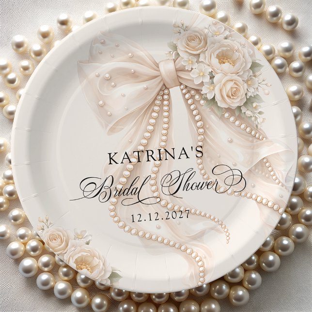 Elegant Bow and Pearl Pastel Bridal Shower Paper Plate (Creator Uploaded)