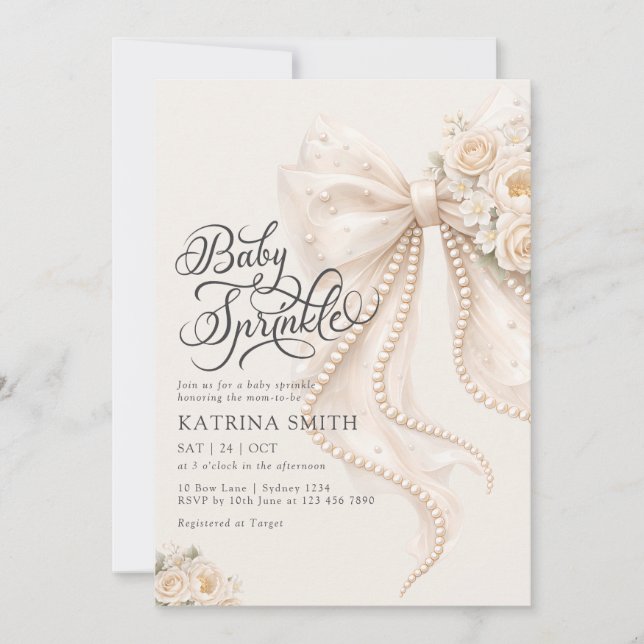 Elegant Bow Baby Sprinkle Floral Girl Baby Shower Invitation (Front)