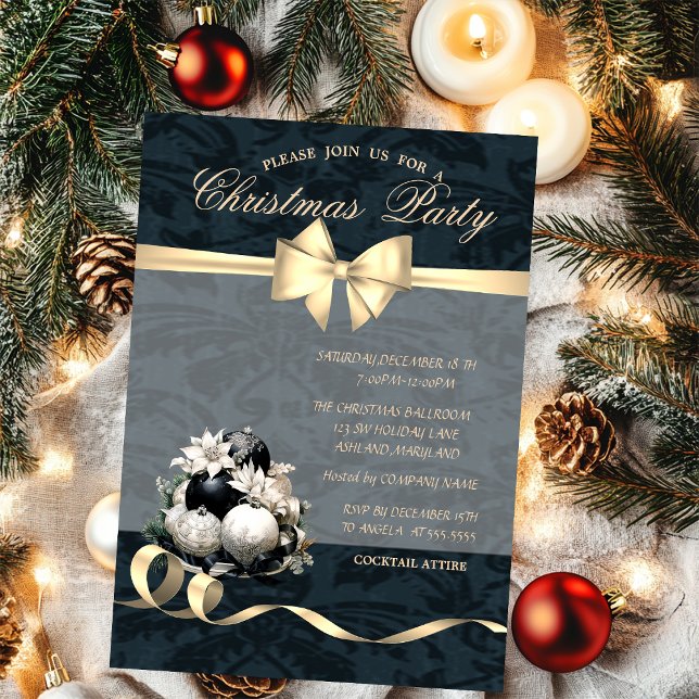 Elegant Bow,Balls,Poinsettia Christmas Party Invitation (Creator Uploaded)