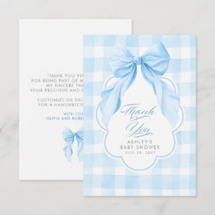Elegant Bow Blue Gingham Cute Thank You Card