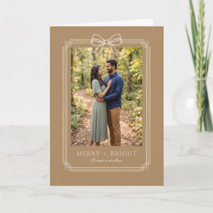 Elegant Bow Border Merry and Bright Couple Photo Holiday Card