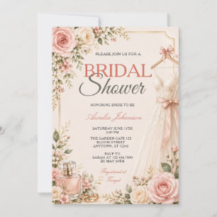 Elegant Bow Bridal Shower Pink Roses Floral Dress Invitation