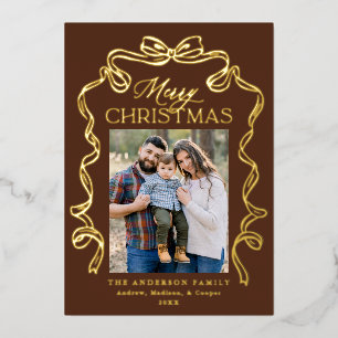Elegant Bow Brown Merry Christmas 5 Photo Foil Holiday Card