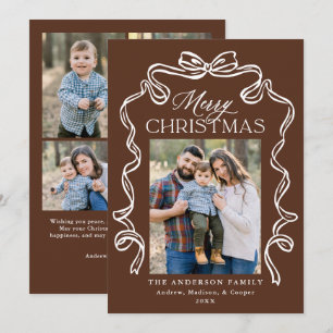 Elegant Bow Brown Merry Christmas 5 Photo Holiday Card