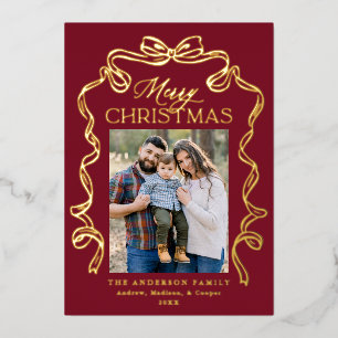 Elegant Bow Burgundy Merry Christmas 5 Photo Foil Holiday Card