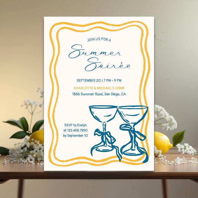 Elegant Bow Cocktail Summer Soirée Invitation (Elegant Summer Soirée Invitation – Modern Handwritten Script with Retro Frame & Cocktail Glasses)