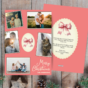Elegant Bow Coral Blush Christmas Photo Collage  Holiday Card